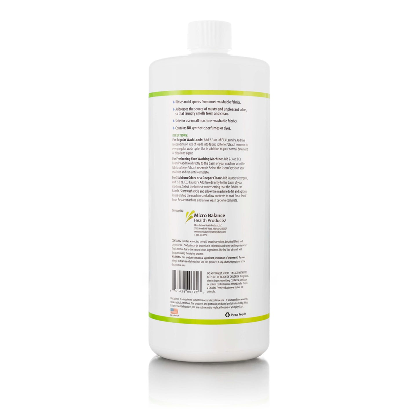 EC3 Laundry additive, 32 oz concentrate, on white background with usage instructions listed