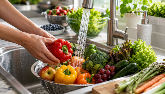 Fresh fruits and vegetables being washed under running water in a modern kitchen before food preparation.