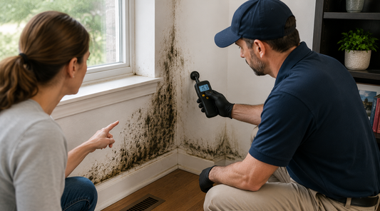 Professional mold inspector using a moisture meter to evaluate mold growth around a residential window after water intrusion.