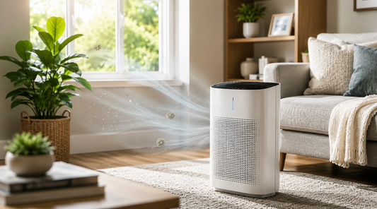 Modern air purifier operating in a bright living room to help reduce airborne particles and improve indoor air quality.