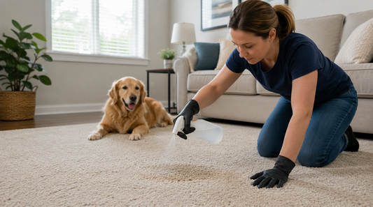 Homeowner using an enzyme cleaner to remove a pet urine stain from carpet while a golden retriever watches in a bright, clean living room.