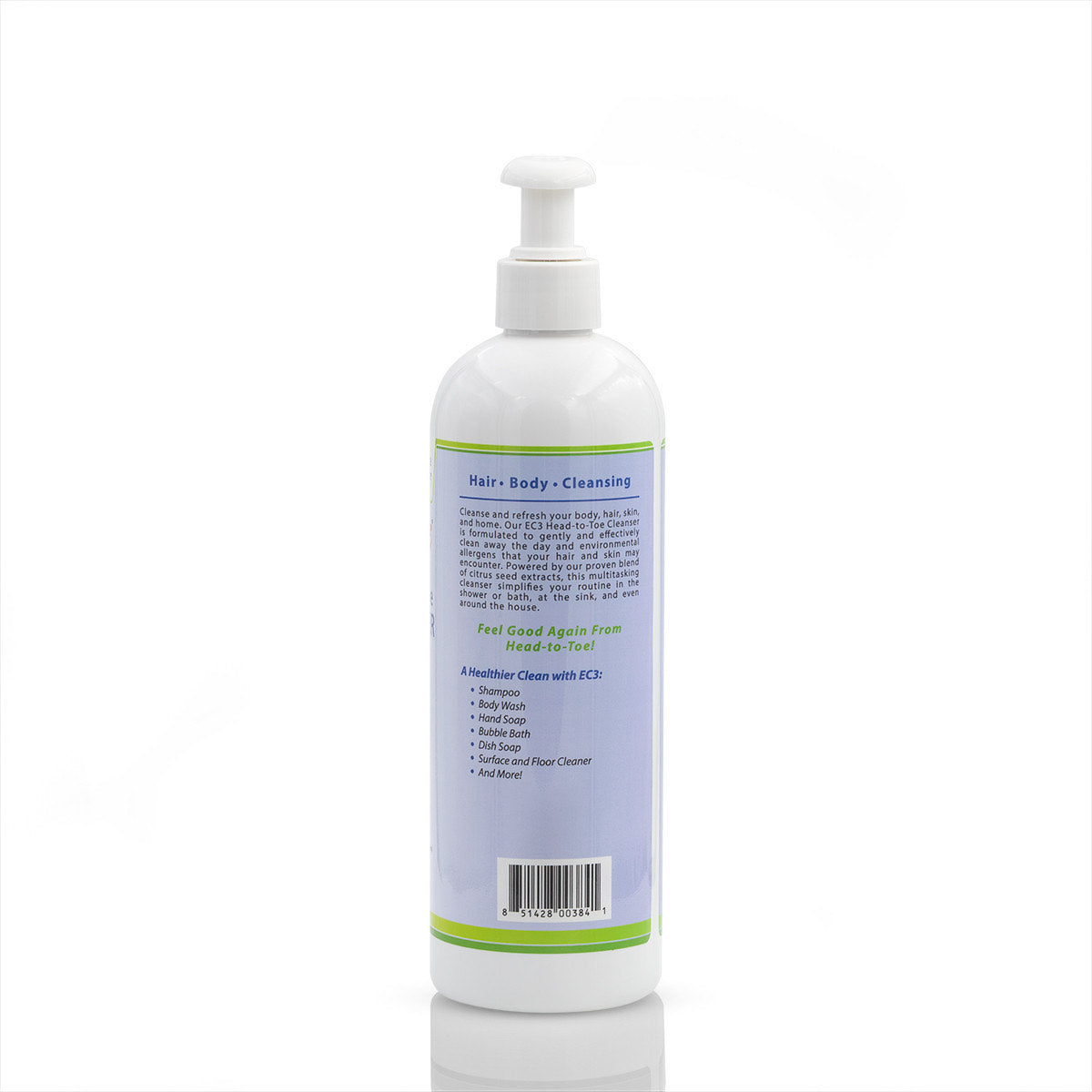 Back label of EC3 Head-to-Toe Cleanser, 16oz bottle with pump on a white background