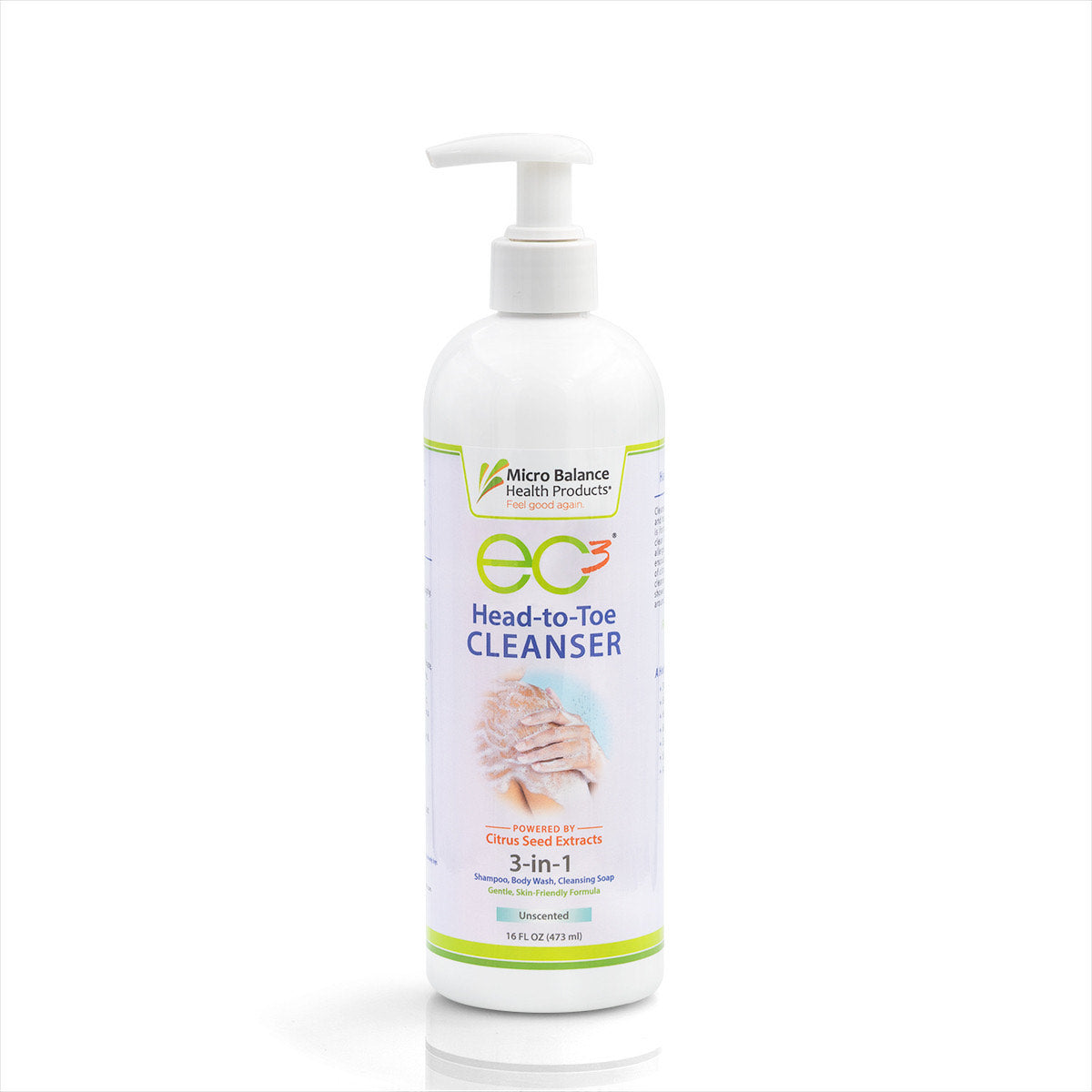 EC3 Head-to-Toe Cleanser, 16oz bottle with pump on a white background