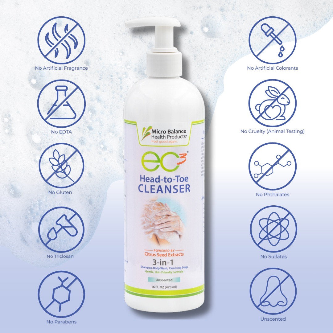 EC3 Head-to-Toe Cleanser bottle with eco-friendly icons on a light blue background
