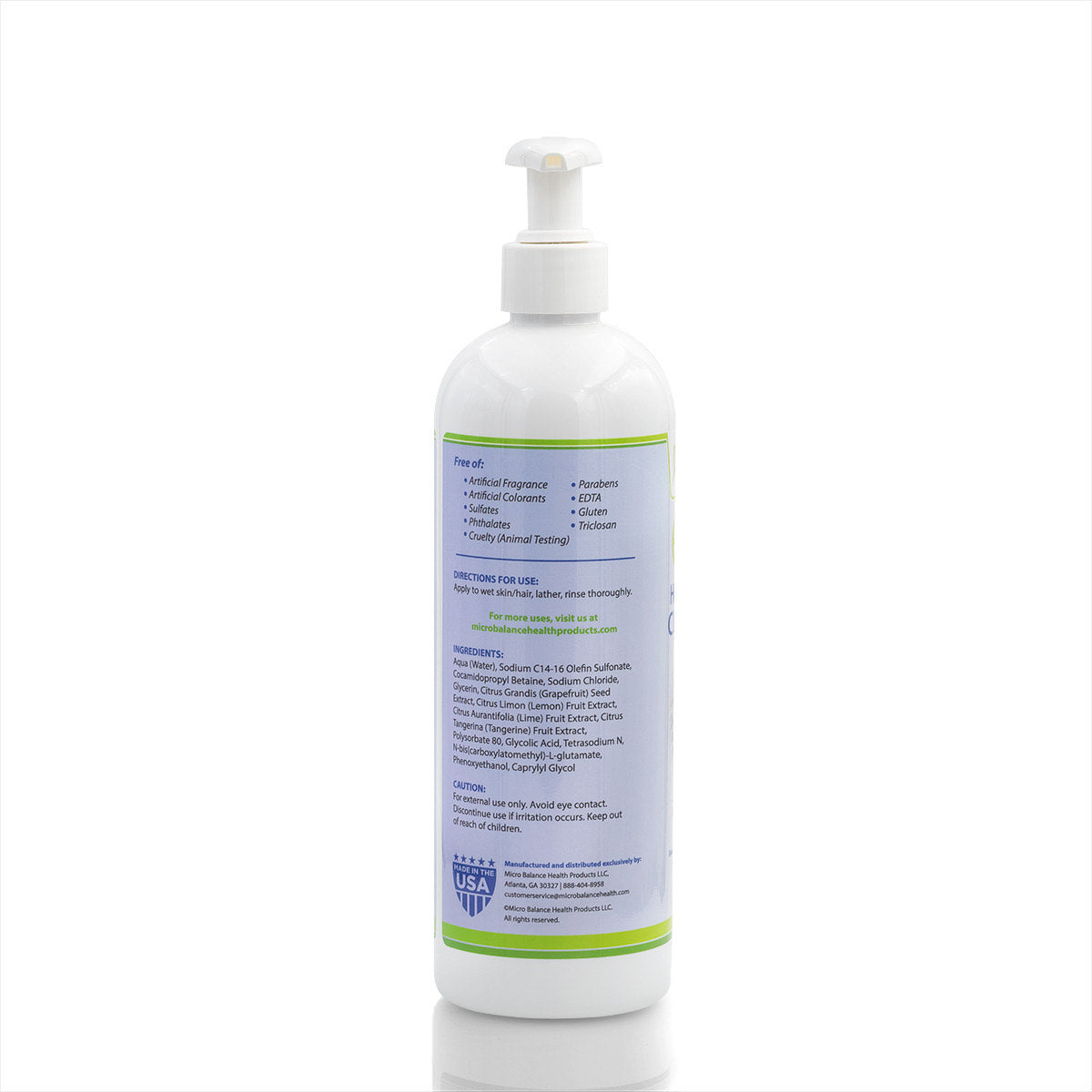 Ingredients and usage instructions label for EC3 Head-to-Toe Cleanser 16oz bottle