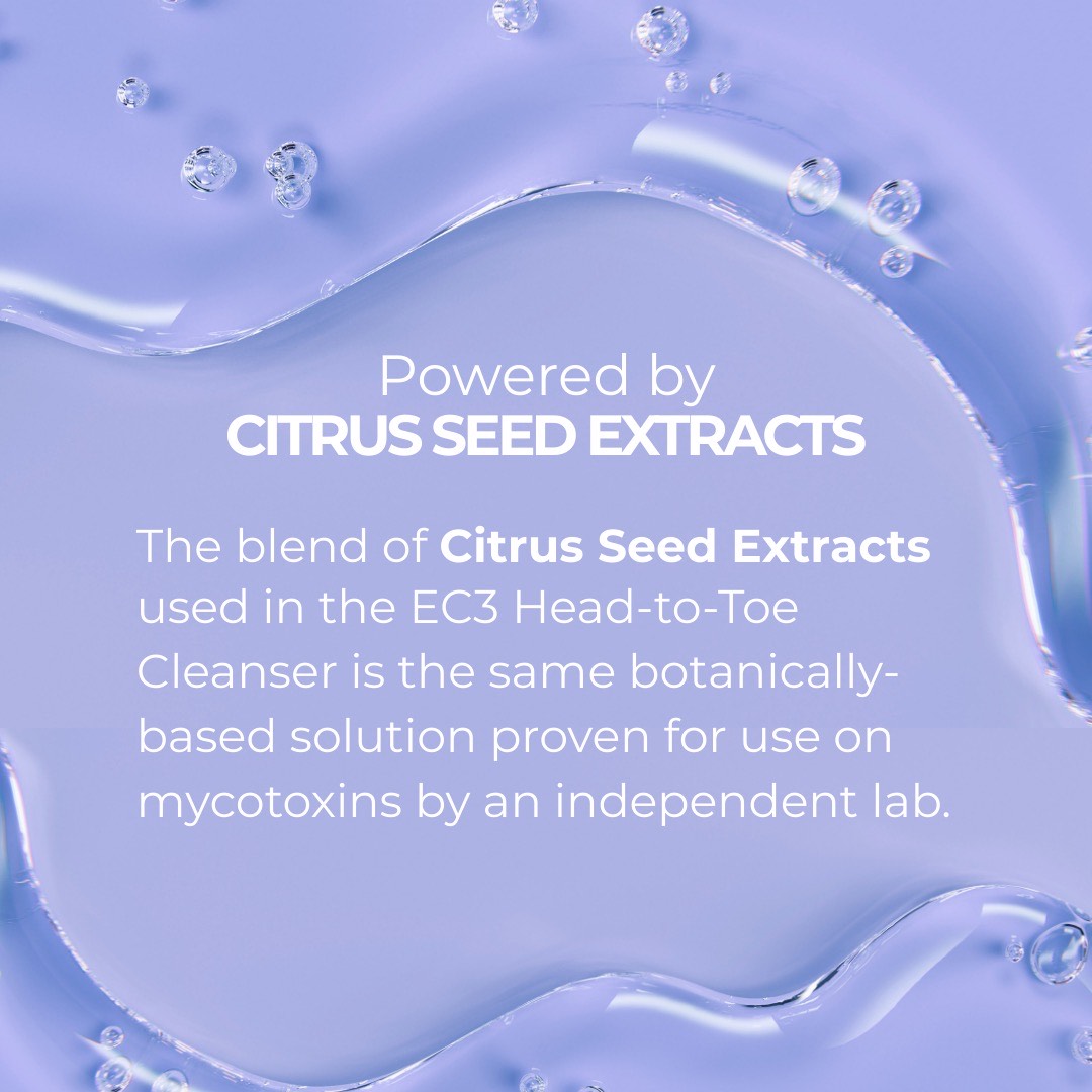 Text about Citrus Seed Extracts used in an EC3 Head-to-Toe Cleanser with a blue liquid background.