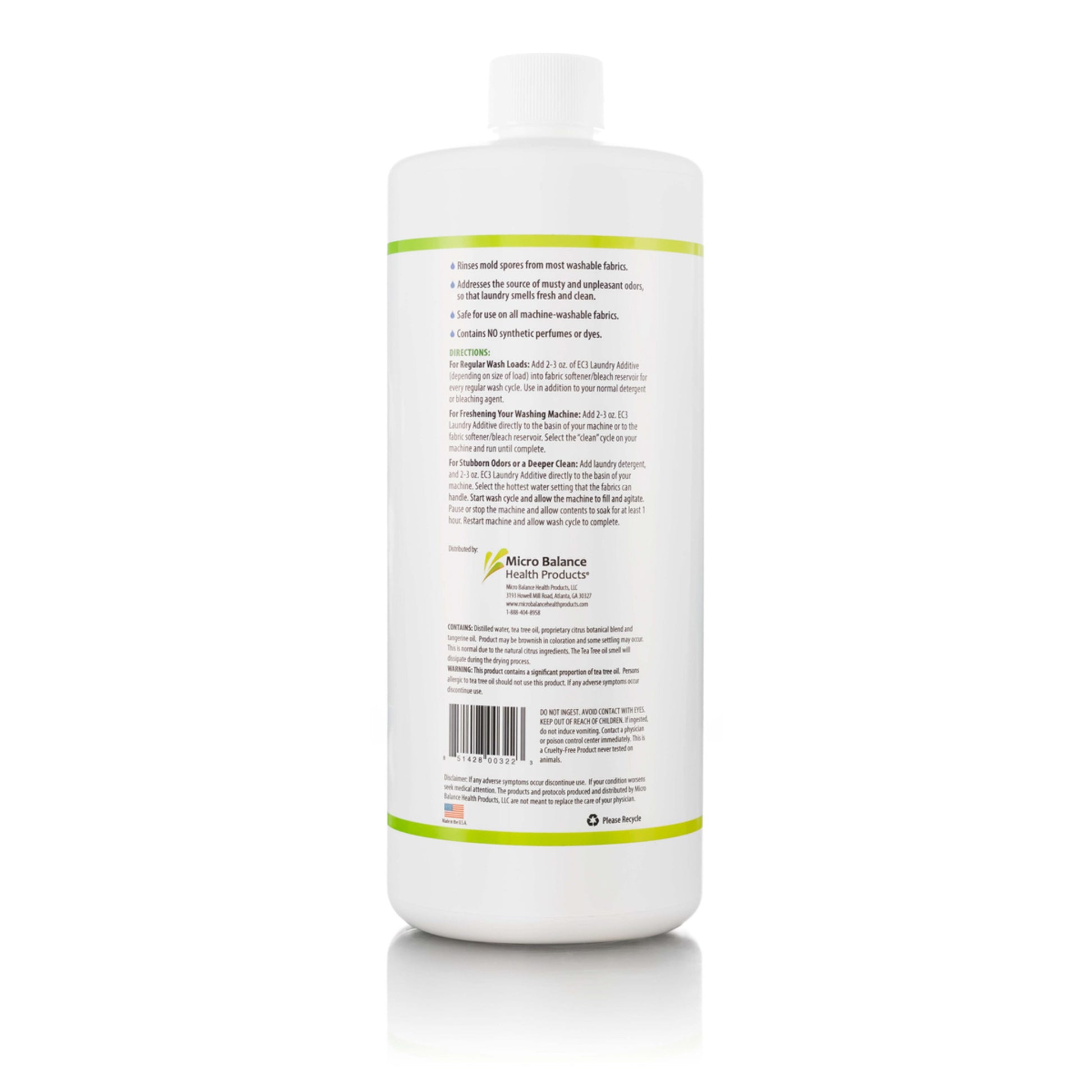 EC3 Laundry additive, 32 oz concentrate, on white background with usage instructions listed