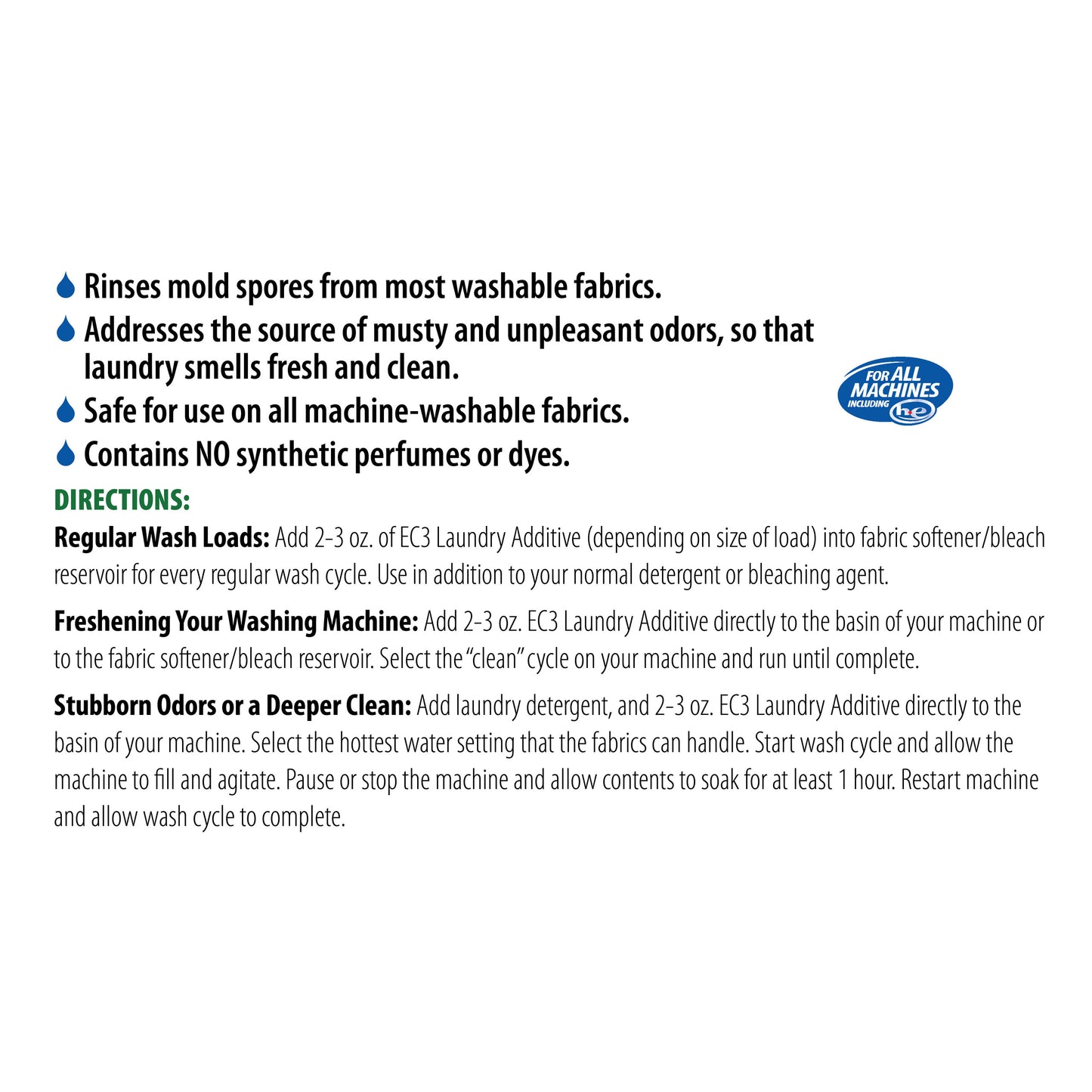 Usage Instructions for EC3 Laundry Additive, 32 oz concentrate