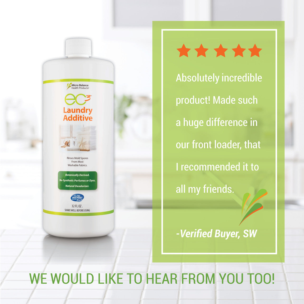 EC3 Laundry additive bottle with five-star rating and customer review on a white background