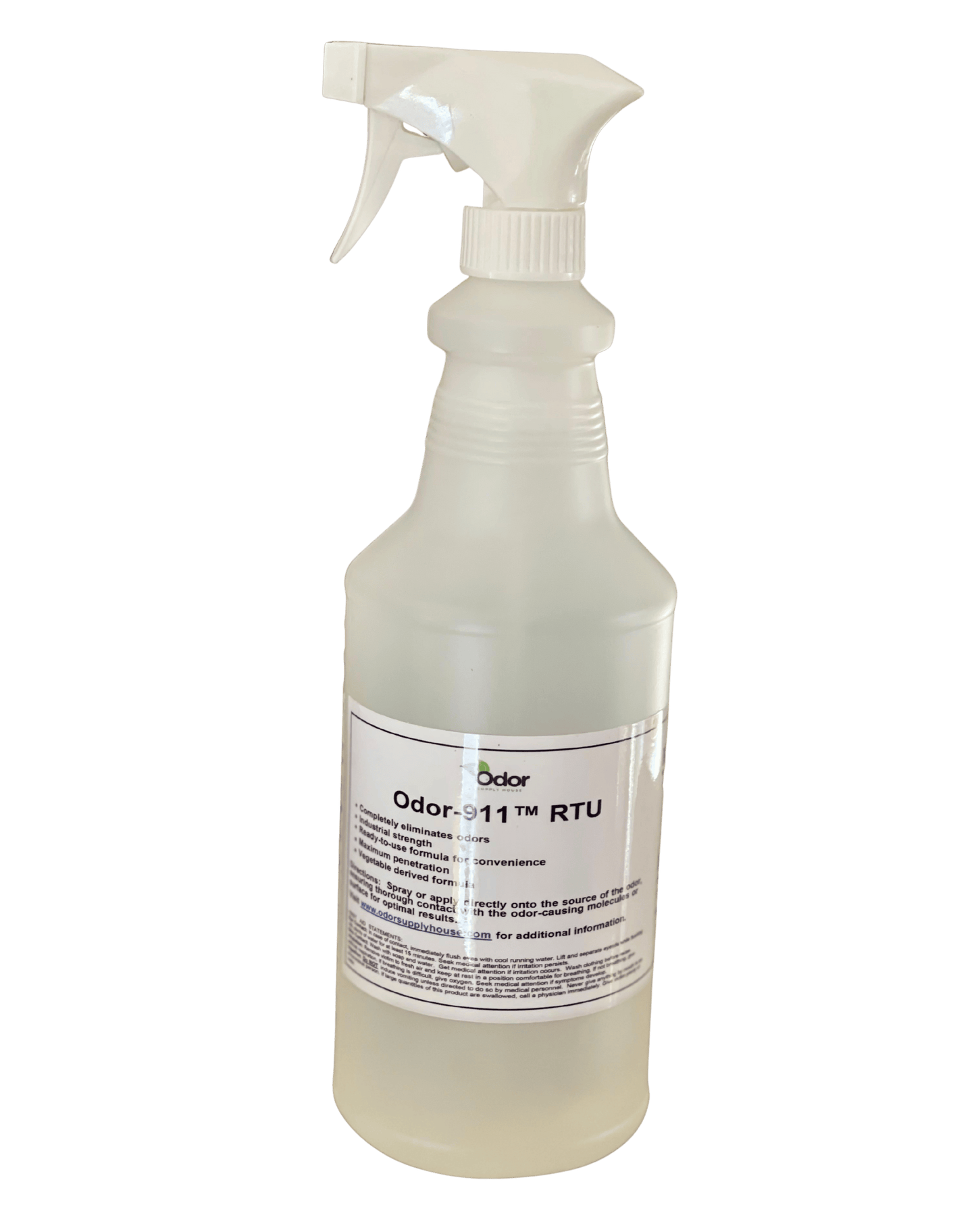Quart Sized Spray Bottle of Odor Supply House's Odor-911™ Industrial Strength Odor Neutralizer on white background