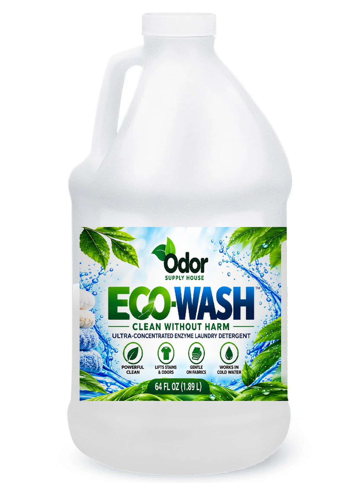 Eco-Wash Natural Laundry Detergent in a 64 oz natural half gallon jug